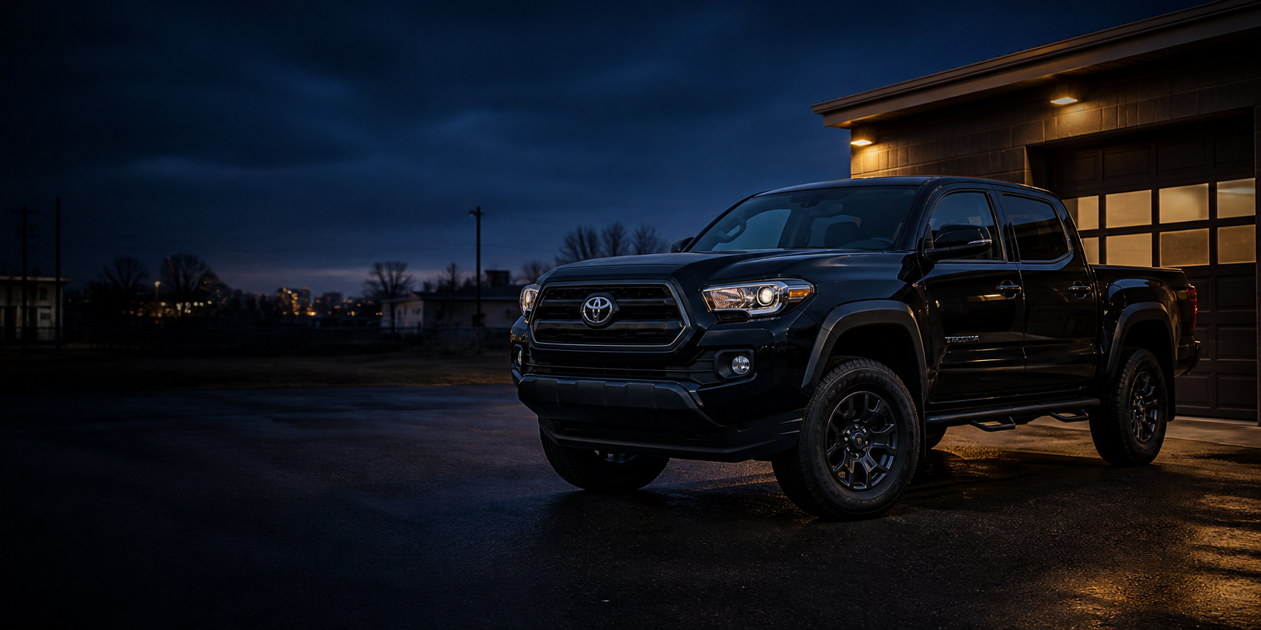 Black Toyota Tacoma parked outside a garage at dusk